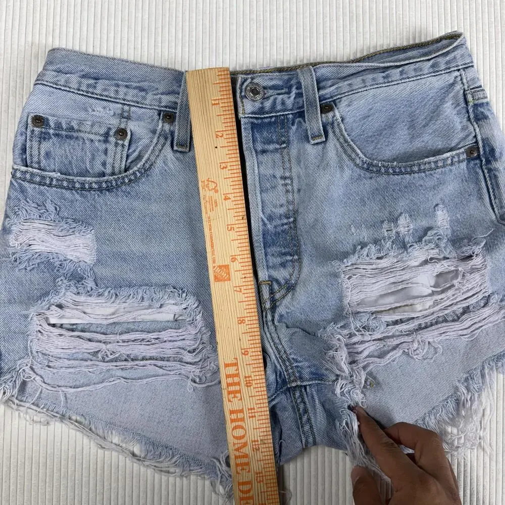 Levi's 501 Shorts Womens W27 Blue Denim Distressed Cutoff Button Fly Raw Hem